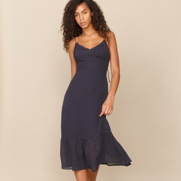 Nwot Reformation Embry Dress - Navy With White Polka Dots